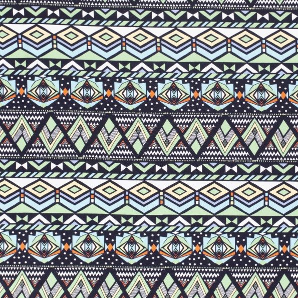 Tissu Jersey Viscose Ethnique tribal sur fond Bleu marine - Par 10 cm