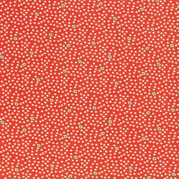 Tissu Jersey viscose Pois blancs et Petites fleurs vertes sur fond Rouge - Par 10 cm