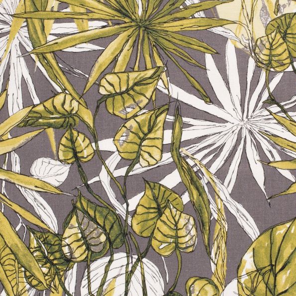 Tissu Viscose lin Lianes et feuillages sur fond Gris pierre - Par 10 cm