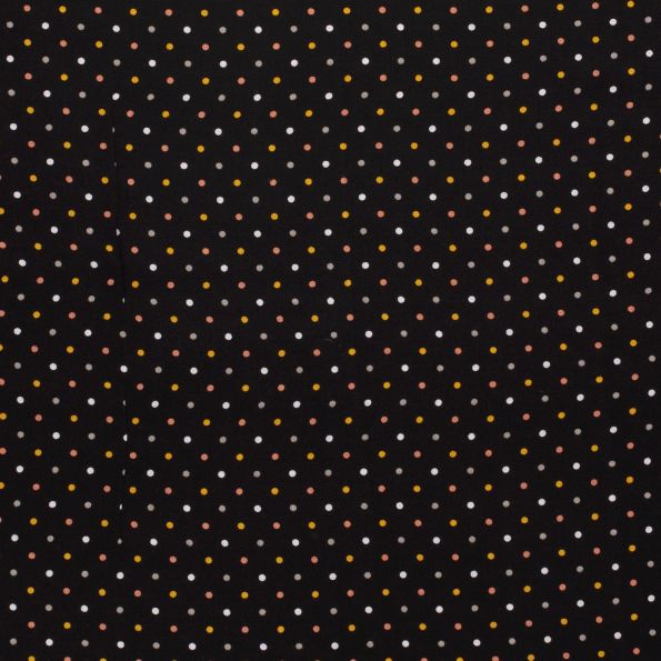 Tissu Viscose imprimé pois blancs, gris, jaunes et saumon sur fond Noir - Par 10 cm