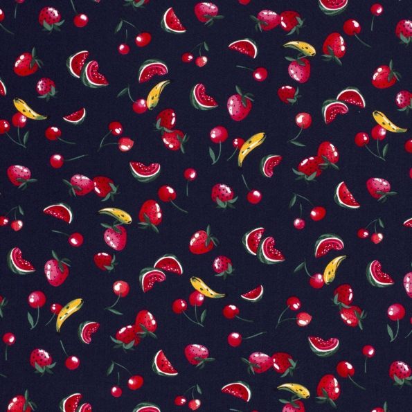 Tissu Viscose Fruits d’Été sur fond Bleu marine - Par 10 cm