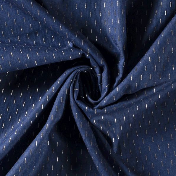 Tissu Chambray Traits reliefs argentés sur fond Bleu denim - Par 10 cm