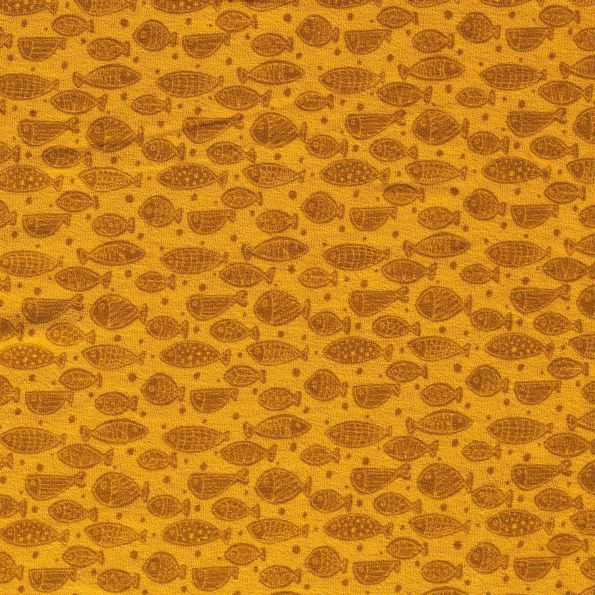Tissu Jersey Velours Eponge Poissons et pois sur fond Moutarde - Par 10 cm