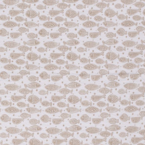 Tissu Jersey Velours Eponge Poissons et pois sur fond Blanc - Par 10 cm