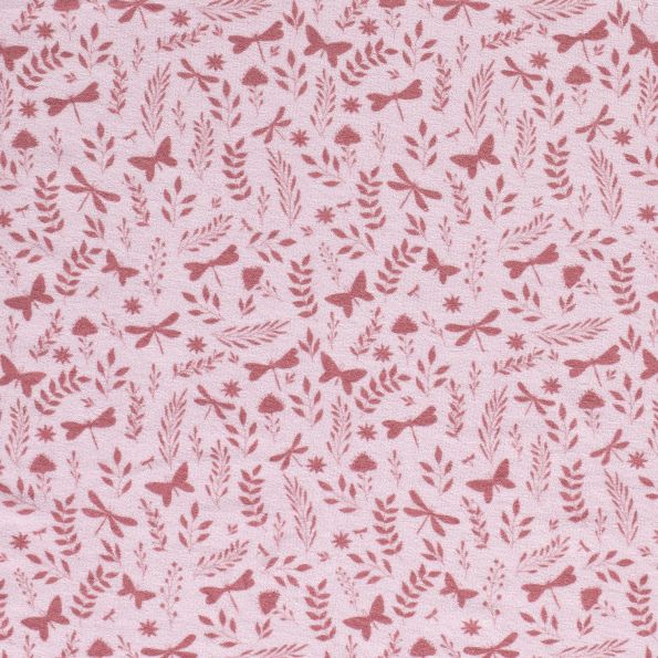 Tissu Jersey Velours Eponge Libellules papillons et feuilles sur fond Rose - Par 10 cm