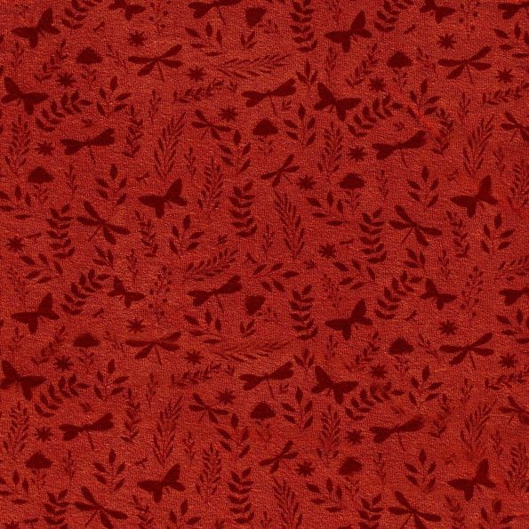 Tissu Jersey Velours Eponge Libellules papillons et feuilles sur fond Brique - Par 10 cm