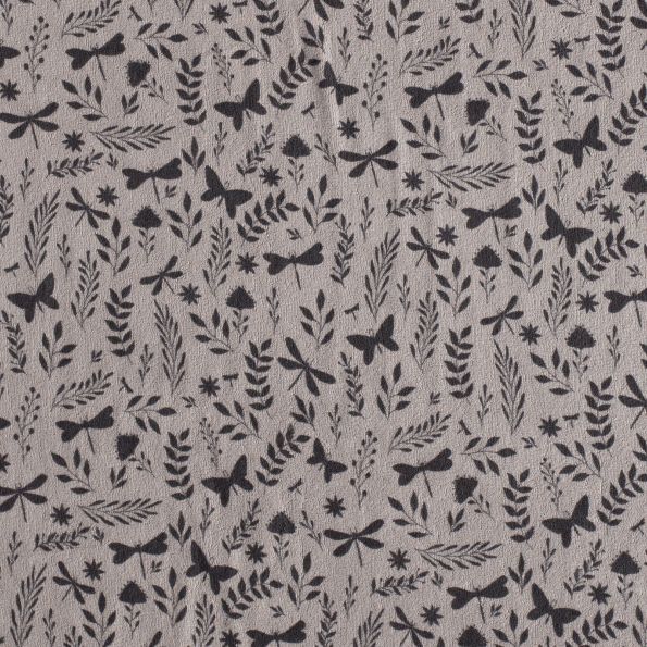 Tissu Jersey Velours Eponge Libellules papillons et feuilles sur fond Gris - Par 10 cm