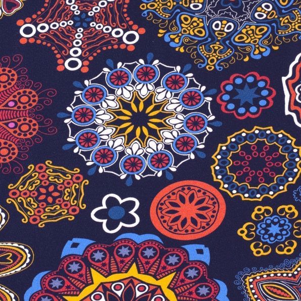 Tissu Jersey Coton Rosaces colorées sur fond Bleu marine - Par 10 cm