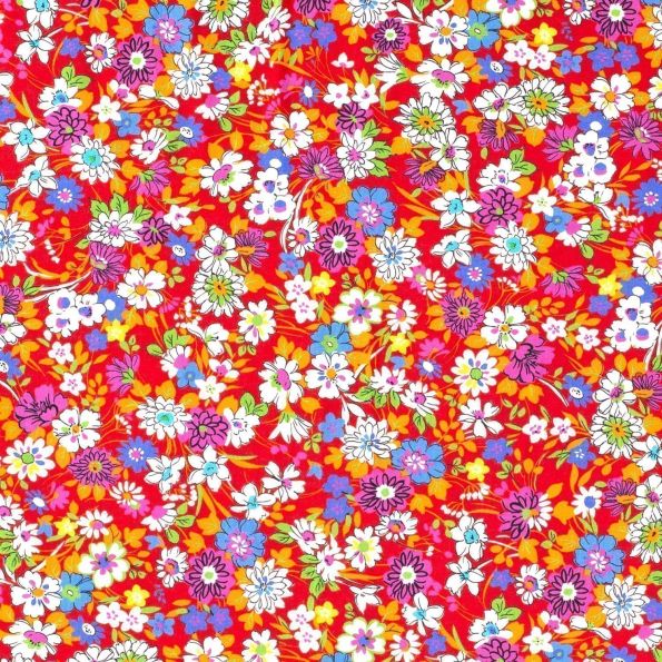 Tissu Jersey Coton Explosion florale sur fond Rouge - Par 10 cm