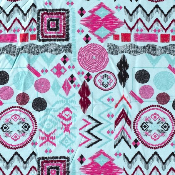 Tissu Viscose Twill Ethnique rouge, noir et rose sur fond Bleu turquoise - Par 10 cm