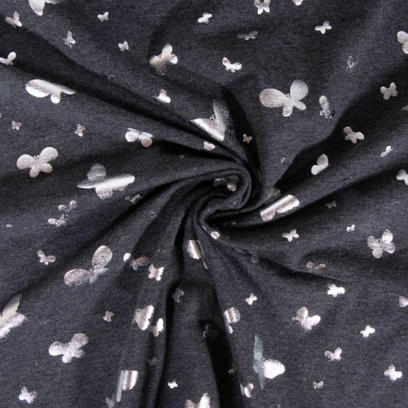 Tissu Jersey Coton Papillons métalissés sur fond Gris anthracite chiné - Par 10 cm