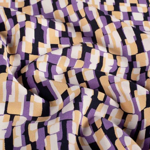 Tissu Popeline de Viscose Motifs abstraits sur fond Bleu marine - Par 10 cm