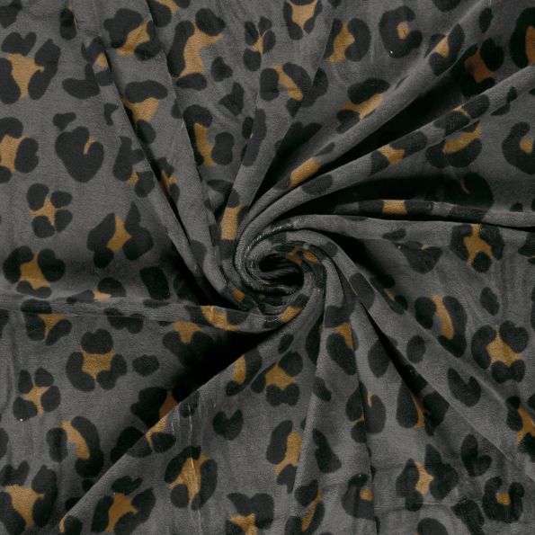 Tissu Velours tout doux Tess motif léopard sur fond Gris - Par 10 cm