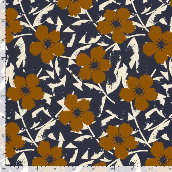 Tissu Sweat léger French Terry Azaléa fleurs Ocre sur fond Bleu nuit - Par 10 cm