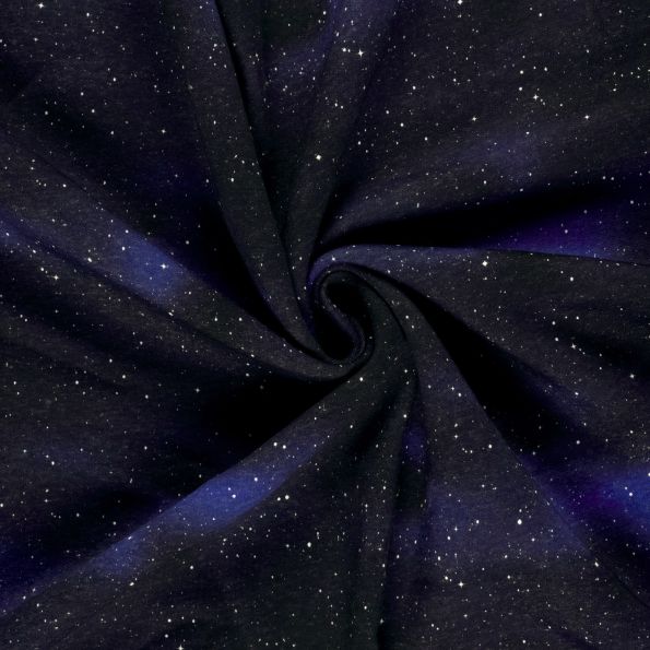 Tissu Jersey Jogging Lyra envers molletonné galaxie sur fond Bleu marine - Par 10 cm