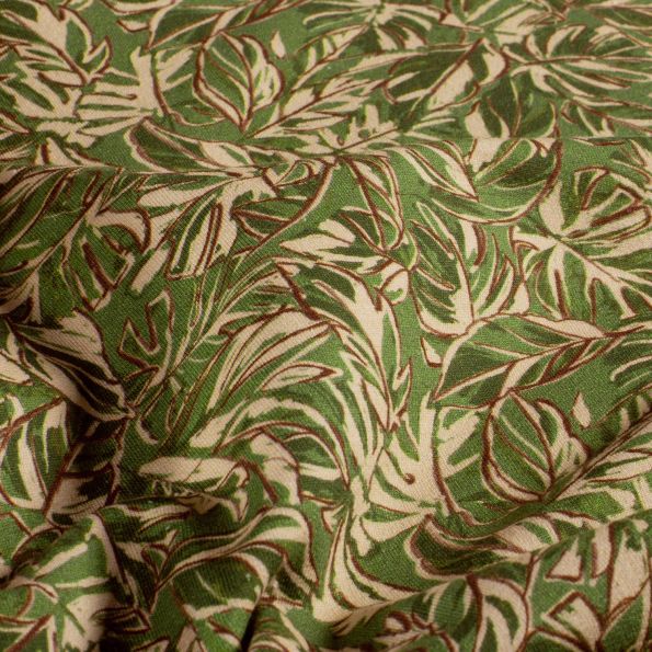 Tissu Sweat léger French Terry Marina extensible feuilles Ecru sur fond Vert kaki - Par 10 cm