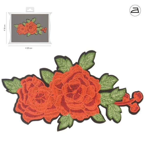 Ecusson Thermocollant Duo de Fleurs Rouges et leurs feuilles vertes brodées XL