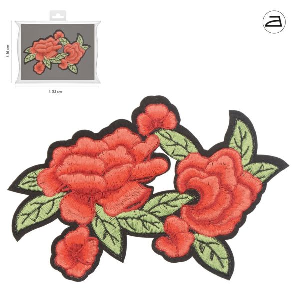 Ecusson Thermocollant Duo de Fleurs Rouges et leurs feuilles vertes et noires brodées XL