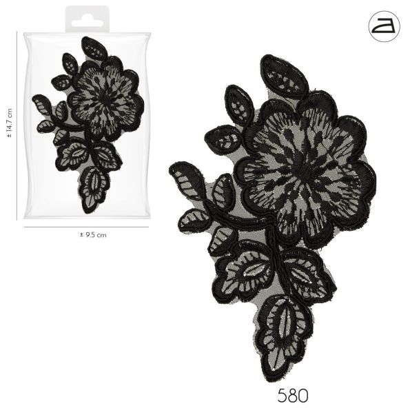 Ecusson Thermocollant Dentelle Fleur et Feuilles Noire