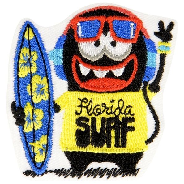 Ecusson Thermocollant Monstre & Co Surffeur Noir et jaune et sa Planche de Surf