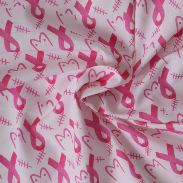 Tissu Coton imprimé  Boobs ruban rose sur fond Blanc - Par 10 cm