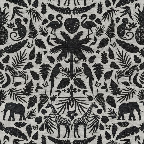 Tissu Jacquard Chenille Deluxe Animaux de la jungle et feuilles noir sur fond Blanc cassé - Par 10 cm