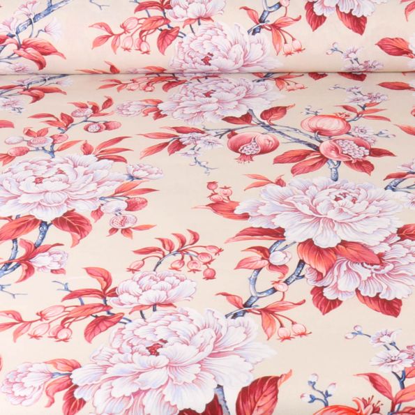 Tissu Toile de Coton Vivienne floral sur fond Beige - Par 10 cm