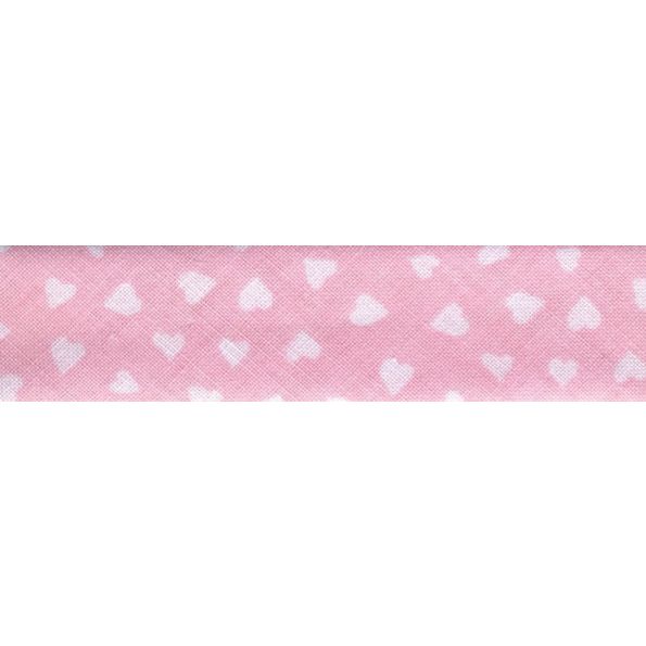 Biais replié 20 mm Rose clair Petits coeurs Blanc x1m