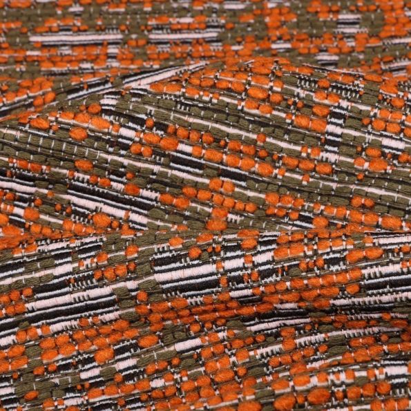 Tissu Gianni Tweed Orange Fil d'argent Kaki - Par 10 cm