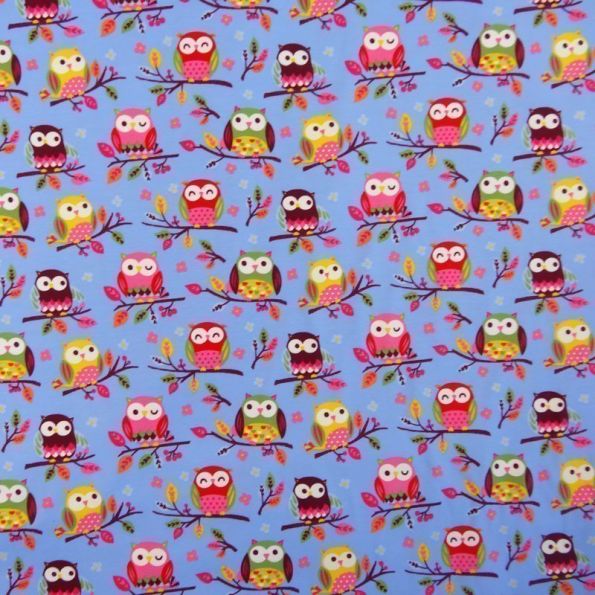 Tissu Jersey Bleu Hiboux x10cm