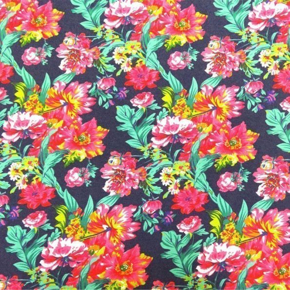 Tissu Jeans Bleu marine Fleurs roses x10cm