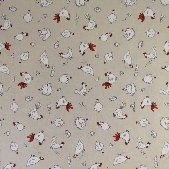 Tissu Toile Coton Beige Poules et oeufs x10cm