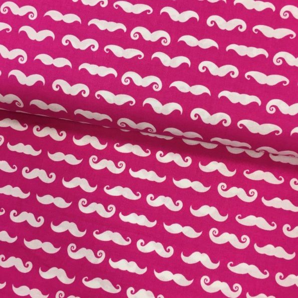 Tissu Popeline imprimée Rose Moustaches Blanches - Par 10 cm