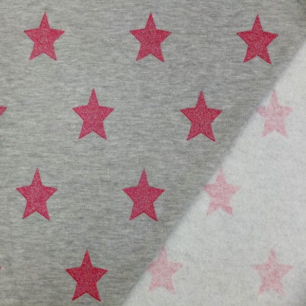 Tissu Sweat Gris clair chiné Etoiles roses à paillettes x10cm