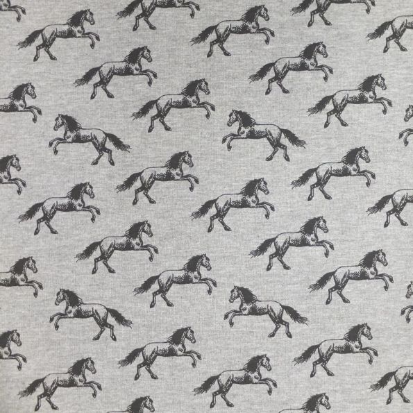 Tissu Jersey Gris souris chiné Chevaux noires x10cm