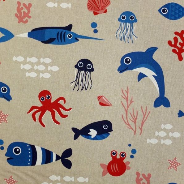 Tissu Toile coton Beige Poissons bleus et rouges x10cm