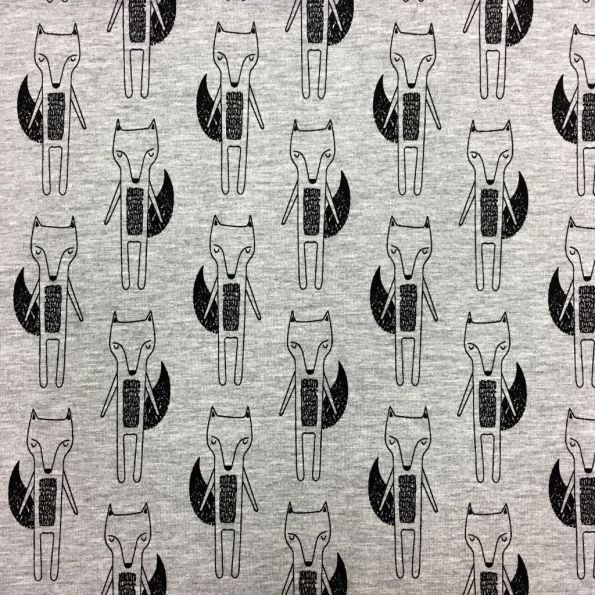 Tissu Jersey Coton Gris chiné Renards Noires - Par 10 cm