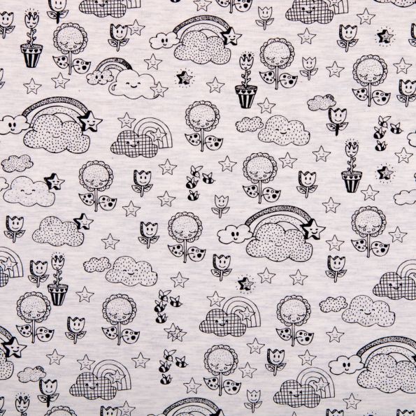 Tissu Jersey Coton Beige chiné Dessins d'enfant Noirs - Par 10 cm