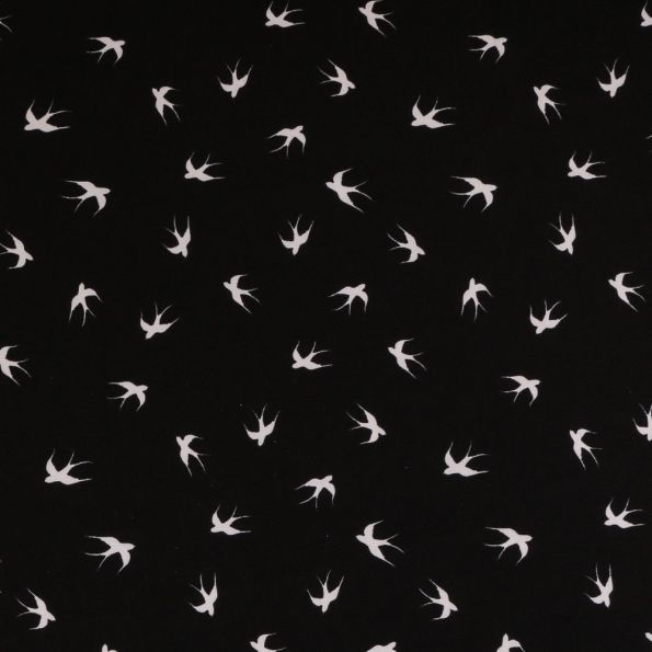 Tissu Satin Stretch Noir Oiseaux Blancs - Par 10 cm