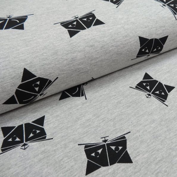 Tissu Jersey Coton Tête de chats Gris chiné - Par 10 cm