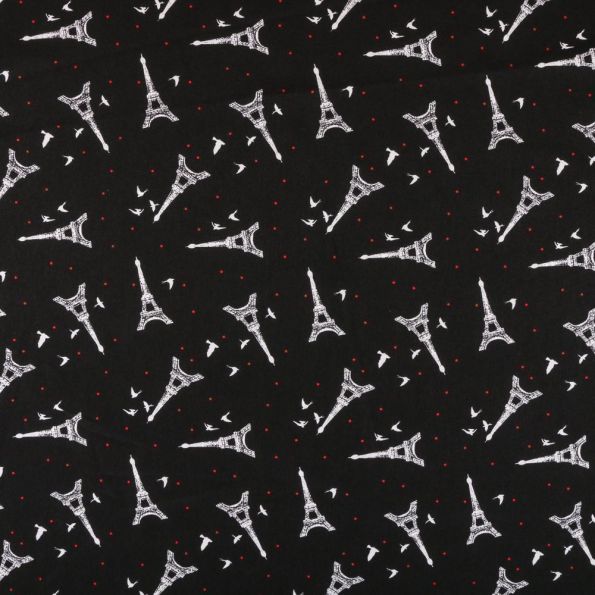 Tissu Crêpe Léger Noir Tour Eiffel Blanches - Par 10 cm