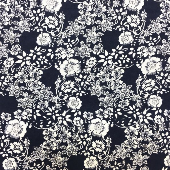 Tissu Coton imprimé Bleu marine Fleurs Blanches - Par 10 cm
