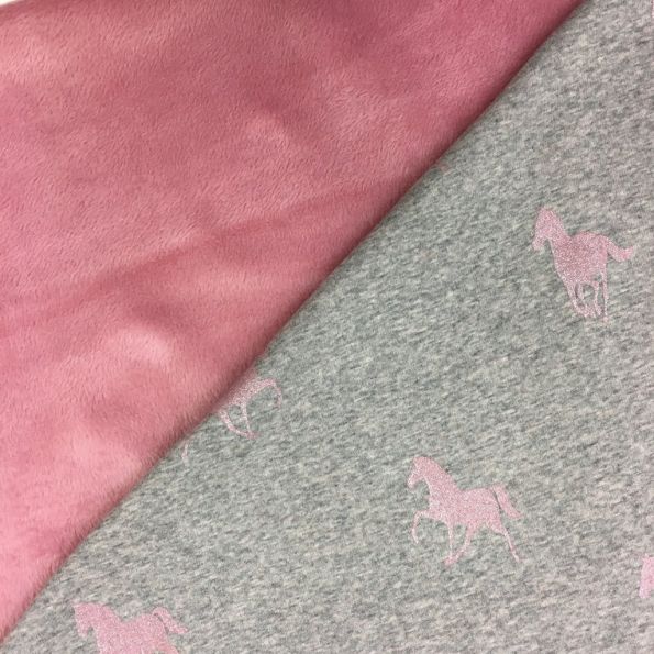 Tissu Sweat Envers Minky Gris chiné Chevaux paillettes Rose - Par 10 cm