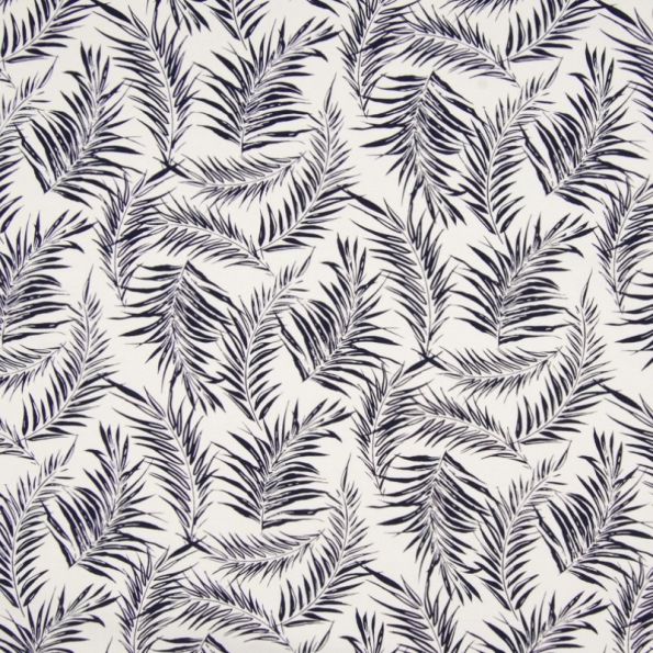 Tissu Viscose imprimée Blanc Feuilles Marine - Par 10 cm