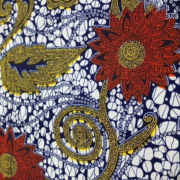 Tissu Wax Africain Bleu marine Fleurs rouges et jaunes x10cm