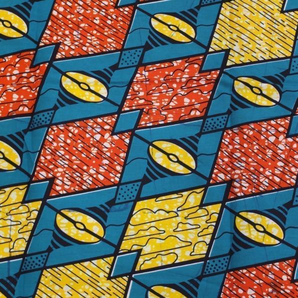 Tissu Wax Africain Orange Motifs géométriques bleus et jaunes x10cm