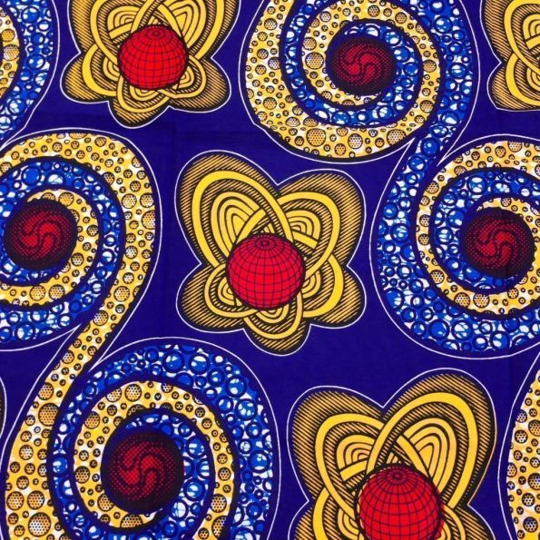 Tissu Wax Africain Bleu marine Motifs géométriques jaunes et rouges x10cm