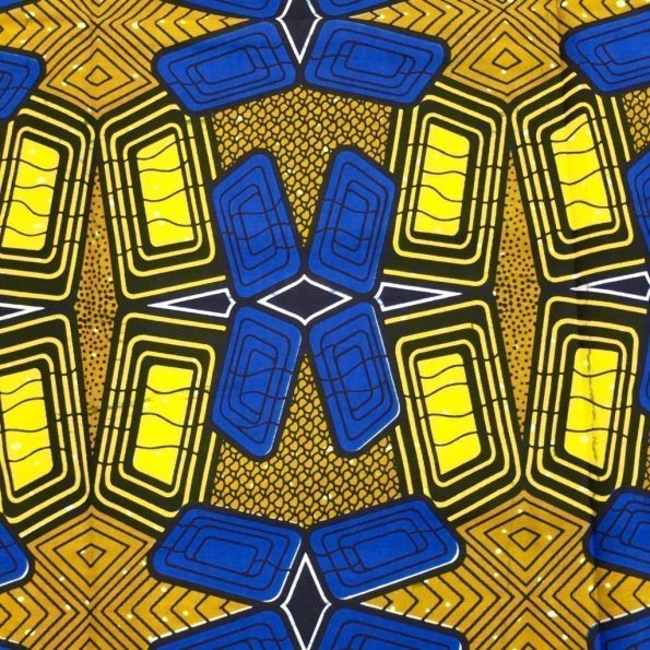 Tissu Wax Africain Marron Motifs géométriques bleus et jaunes x10cm