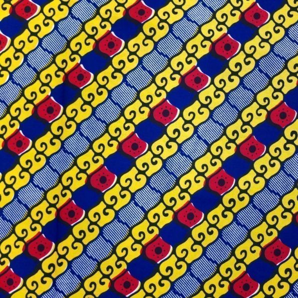 Tissu Wax Africain Bleu marine Motifs géométriques jaunes et rouges x10cm