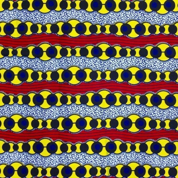 Tissu Wax Africain Rouge et blanc Ronds jaunes et bleus x10cm